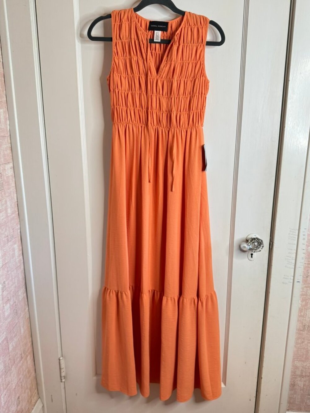 Donna Morgan Orange Tie Neck Smocked Sleeveless Tiered Maxi Dress sz 0 NWOT
